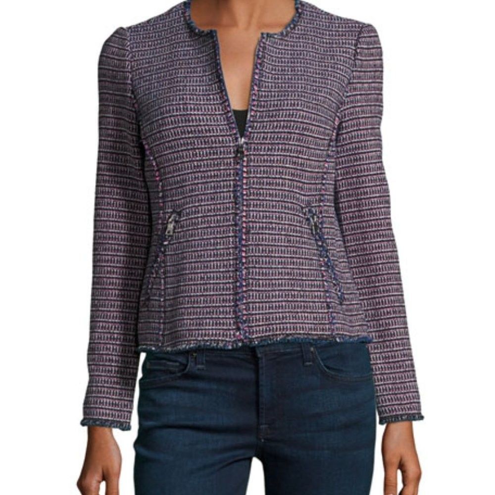 Rebecca Taylor Women Graphic Tweed Fringe Full Zip Front Jacket Blue Pink Size 6